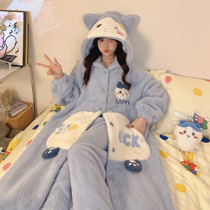 

Winter Women Nightgown Pajama Cartoon Soft Warm Flannel Hooded Sleepwear Adult Robes Pijamas Mujer Homewear Night Clothes