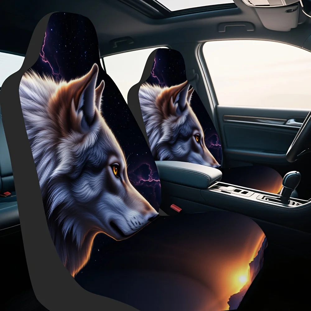 2pcs, Fantasy Wolf Night Stars Art Pattern Seat Covers, Durable And All Season Use, Suitable For Most Sedan And SUV Front Seats