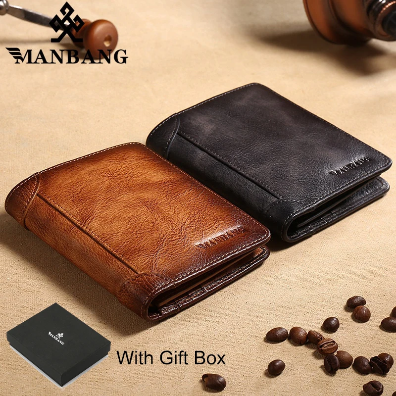 

【Genuine Cow Leather / Gift Box】ManBang Luxury Men's Wallet RFID Short Trifold For Men with ID Window and Credit Card Holder