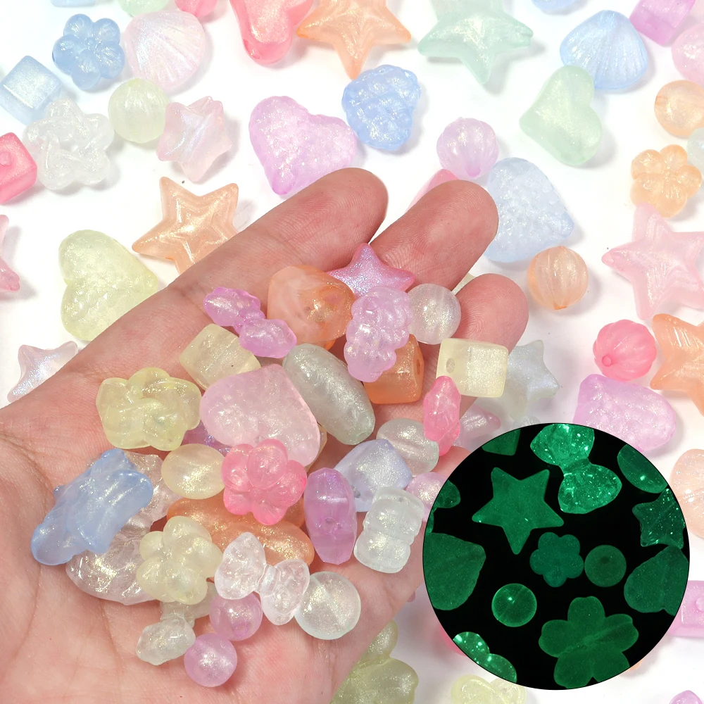 

20-100Pcs Luminous Acrylic Beads Round Heart Flower Bow Square Beads For Glow In The Dark Ornament Making Diy Accessories