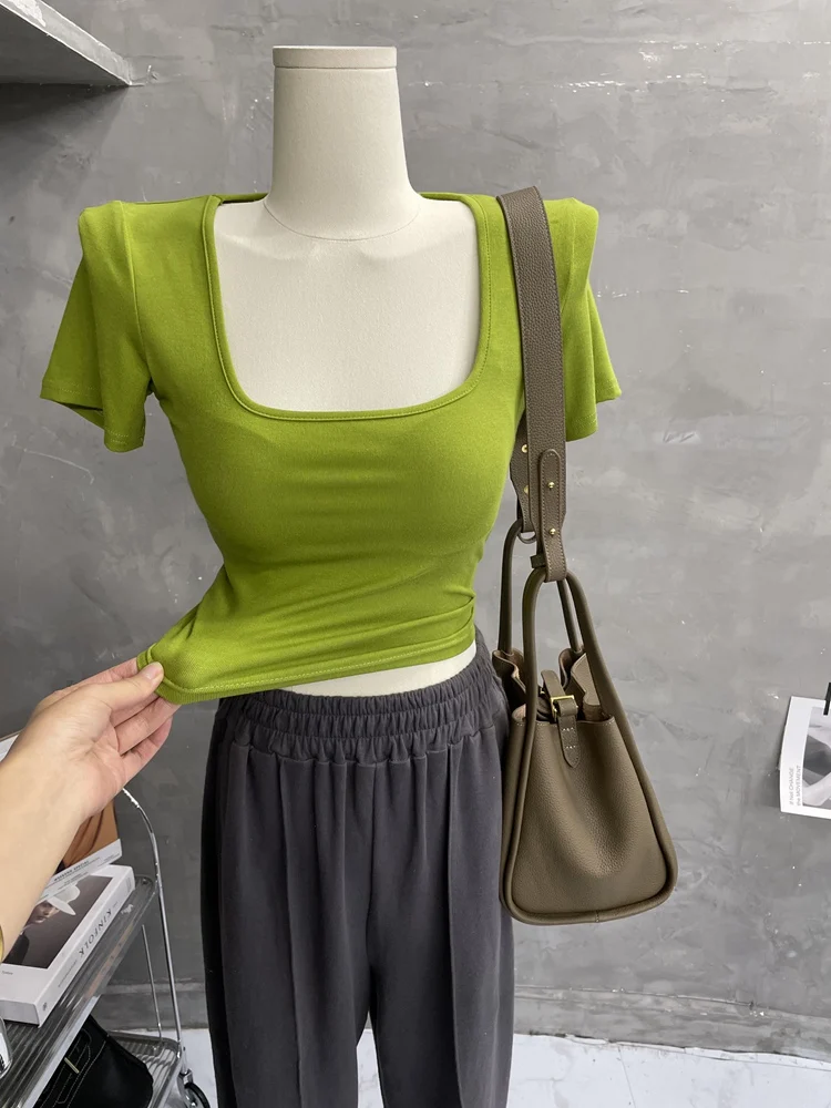 

Slim Fit Short Sleeve T-Shirt Women's Square Collar Pure Color Slimming Top Brand Tag Removed Korean Style Summer Fashion
