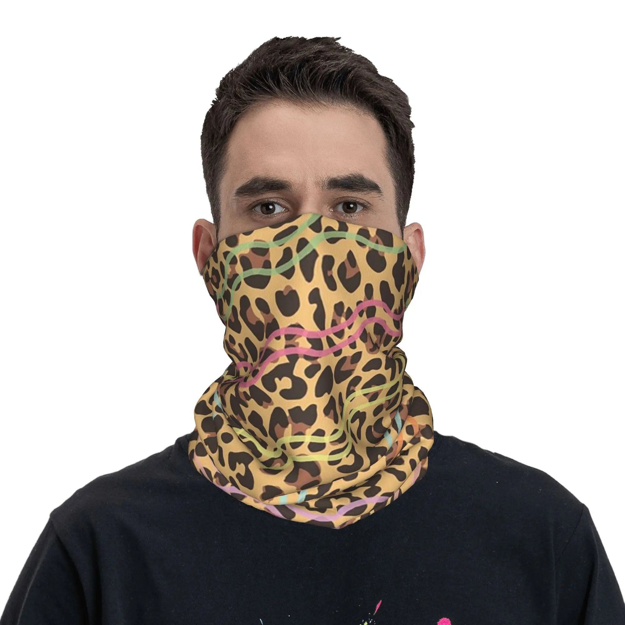 Leopardo impressão bandana pescoço gaiter impresso envoltório cachecol multifuncional ciclismo cachecol para homens mulheres adulto respirável