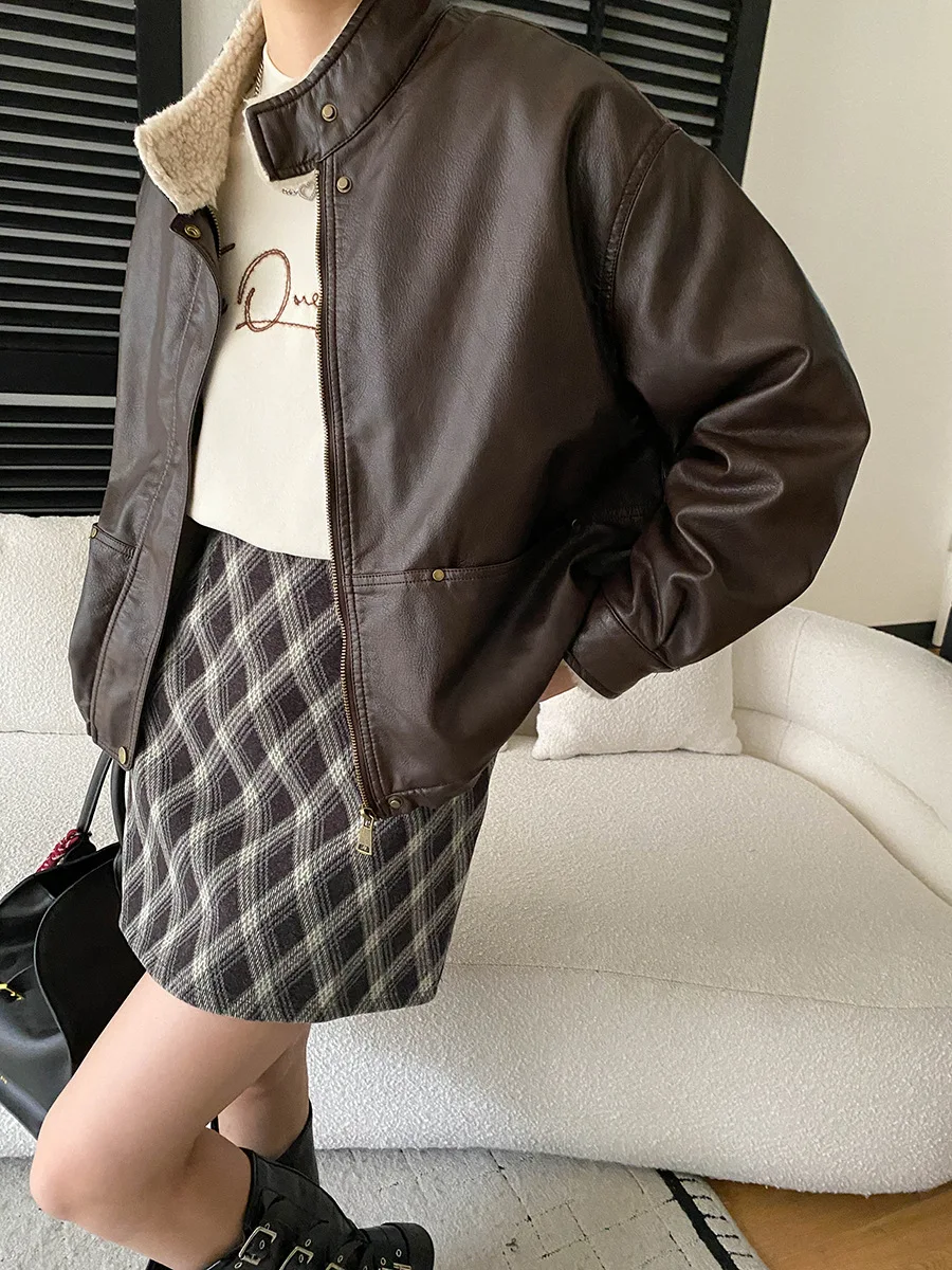 Veste décontractée à col montant pour femme, style moto américaine, avec veste en cuir épais en peluche