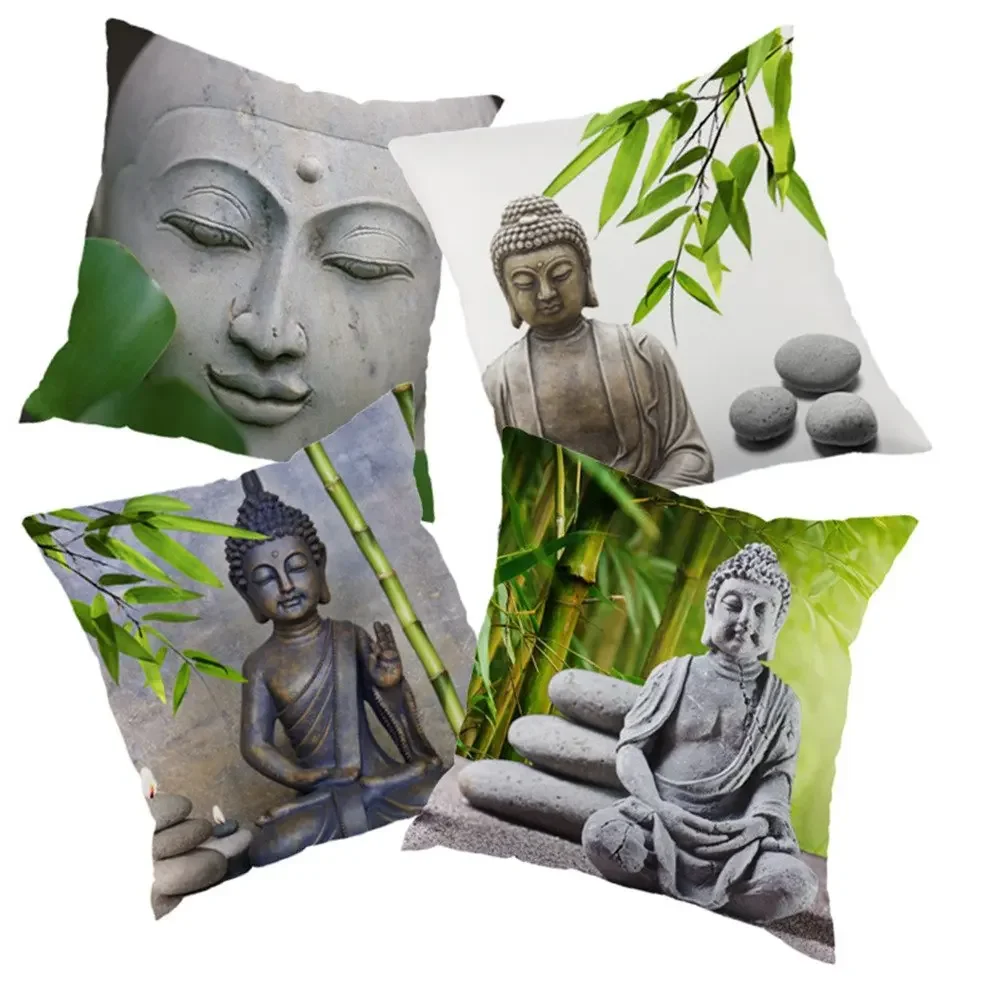 

Indian Buddha statue stone carving Sakyamuni linen pillowcase sofa cushion cover home decoration can be customized for you 40x40