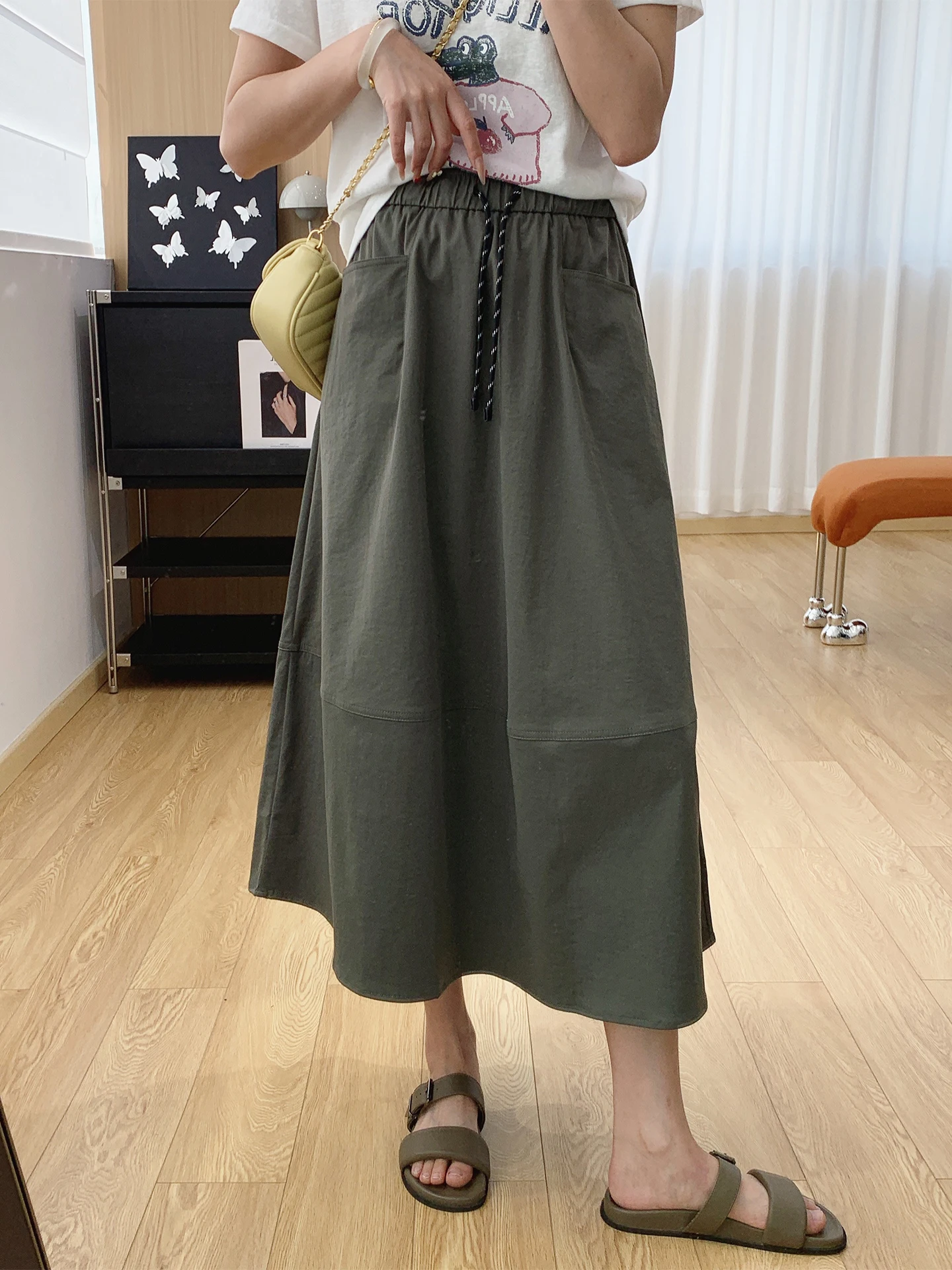 

Anti-Wrinkle Slimming Casual A-Line Skirt Women's Spring Summer Thin Medium Length Workwear Skirt High Waist Polyester Fiber
