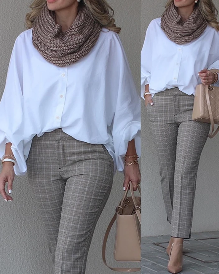

Women's Turn-Down Collar Fashion Lantern Sleeve Button Down Blouse Top Temperament Commuting Female Casual Daily Blouses Shirt