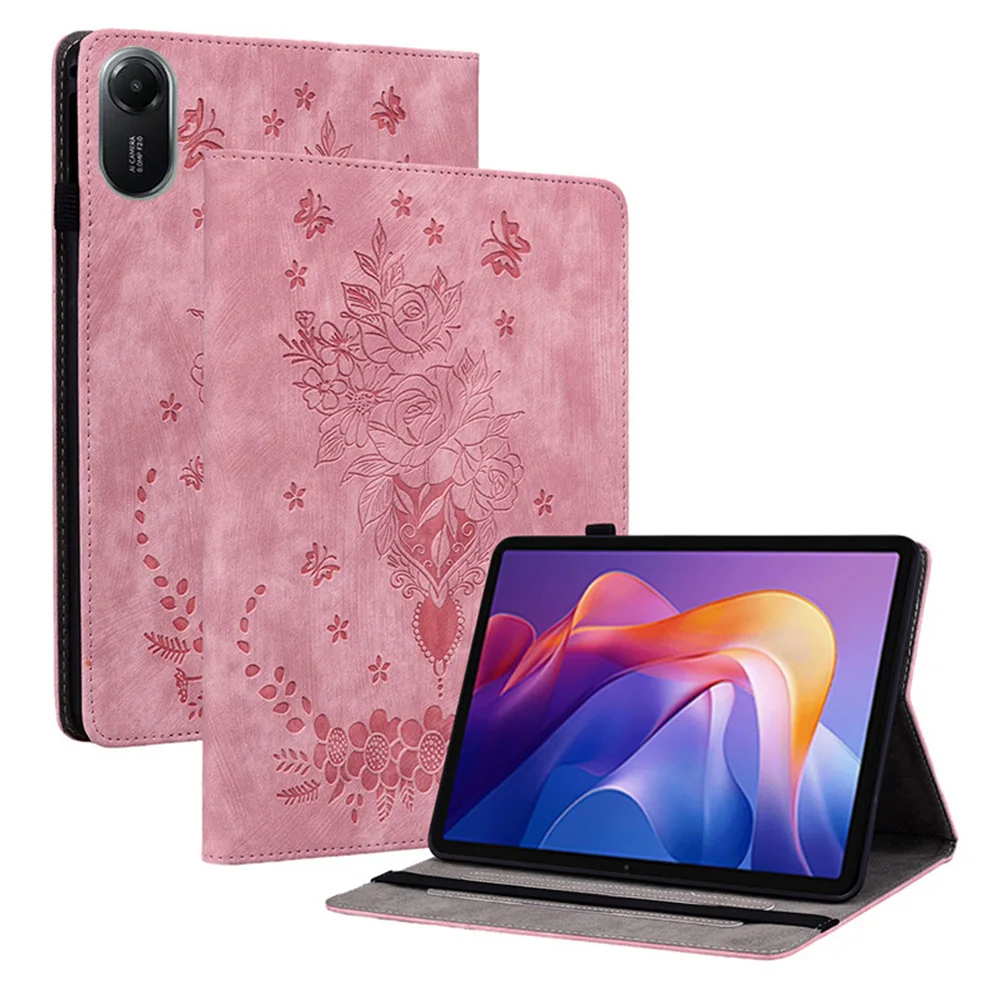 

For Xiaomi Redmi Pad 2 Case Card Holder Anti-Scratch Leather Cover Rose Flower Imprint - Pink