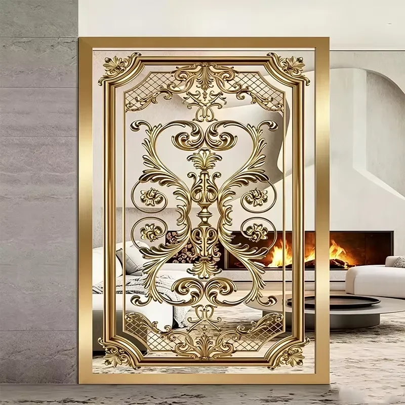 Gold Plated Hollow Floral Carved Metal Room Divider Custom Pattern Partition Screen for Villa Entrance Decoration