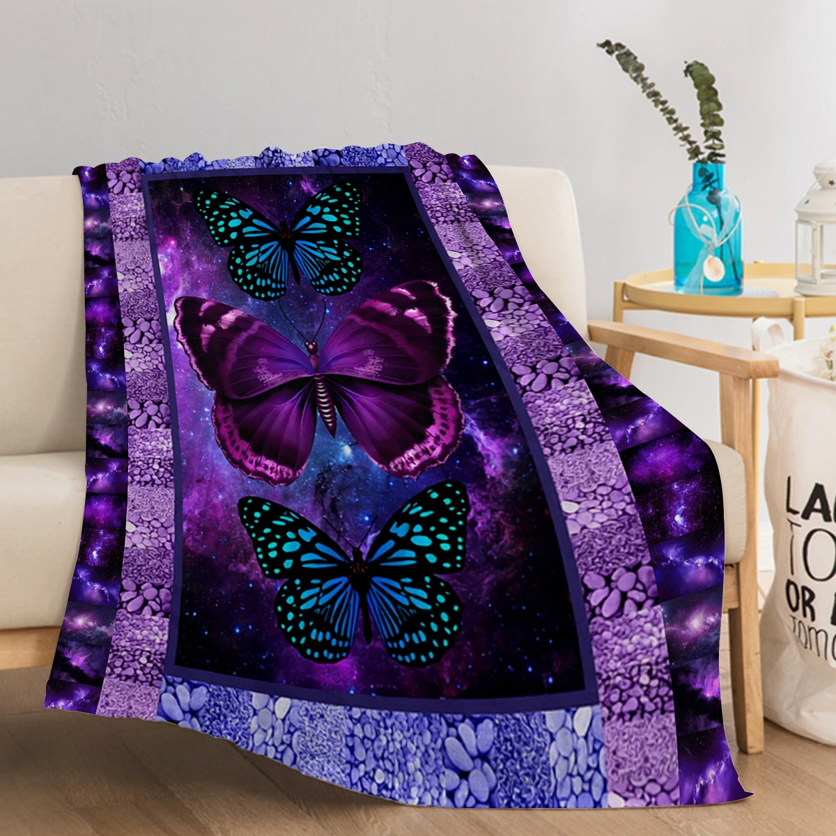 Butterfly Throw Blanket Purple and Blue Butterfly Design Blanket for Kids and Adults Cozy Blanket for Couch Sofa Bed Living Room