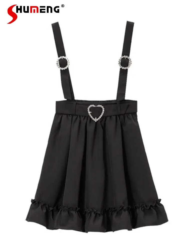 Wanita Lolita Jepang Dearmylove Rok Suspender Pendek Siswa 2023 Musim Semi Manis Warna Solid Pinggang Elastis Rok Ruffles Wanita