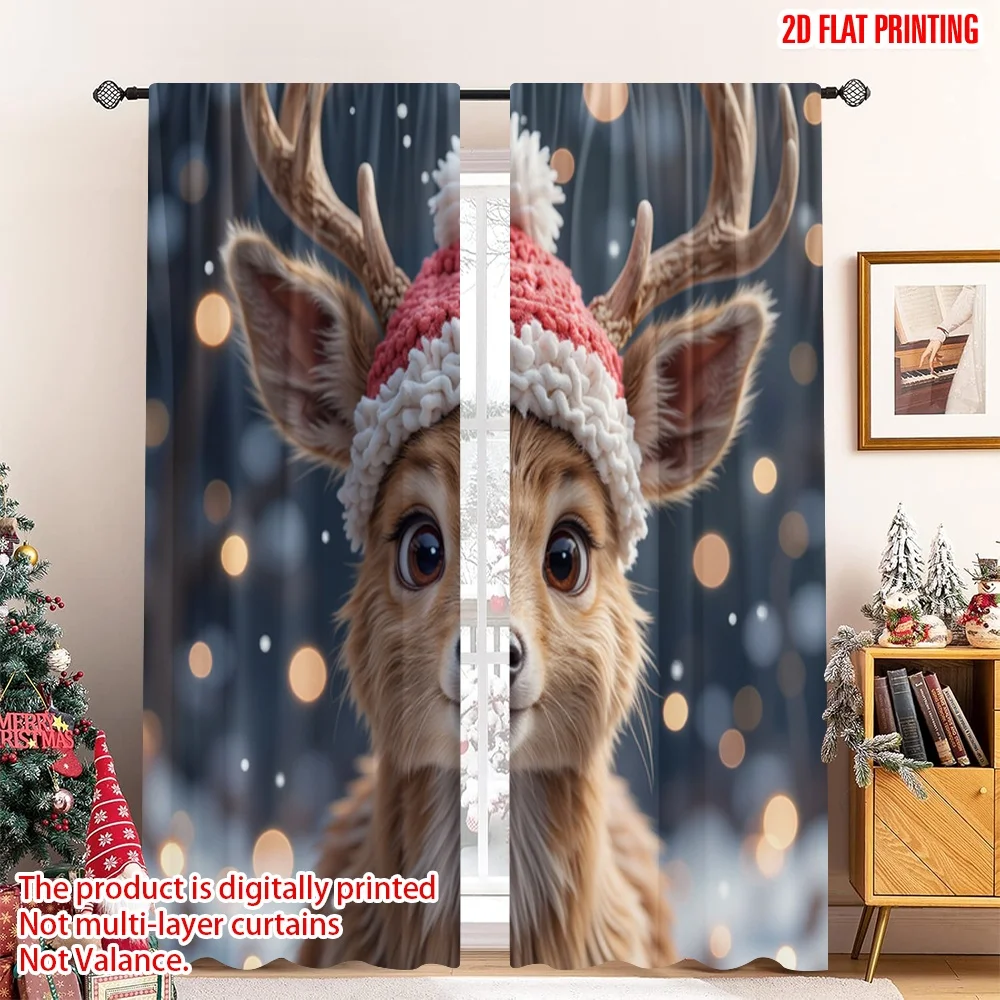 

2pcs 2D flat printing Merry Christmas Popular Curtains Cute Deer Christmas Lights 100% Polyester Without Electricity Festive