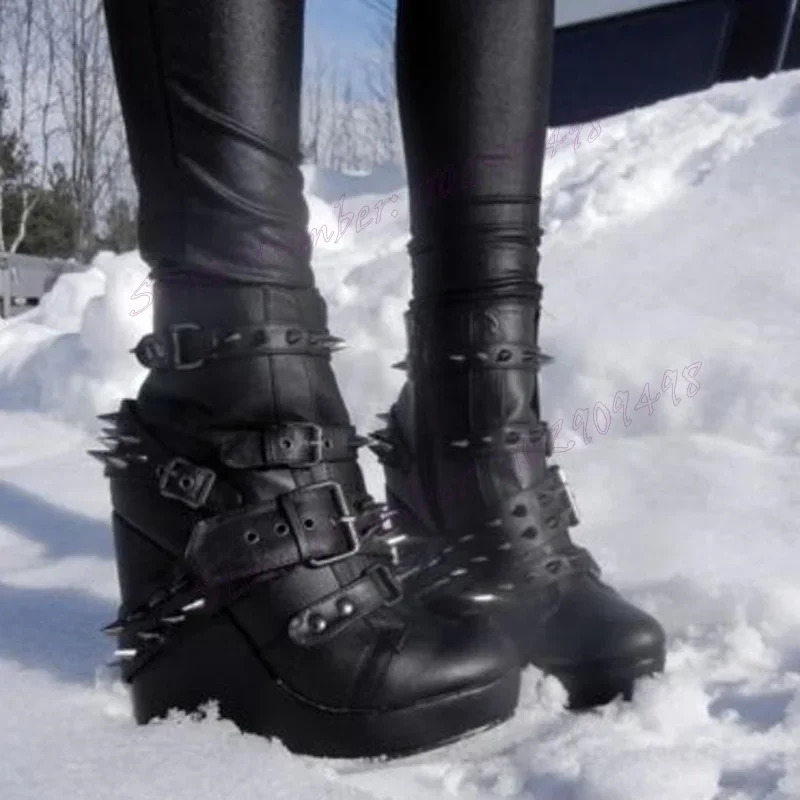 

Black Strappy Rivet Wedges Heels Boots Buckle Round Toe Shoes for Women Matte Leather Punk Style Shoes 2024 Zapatos Para Mujere