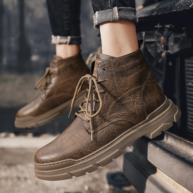 

Men's Ankle Boots Genuine Leather Western Boots Classic Men Motorcycle Boots Outdoor Work Shoes Vintage Tooling Shoes Flats