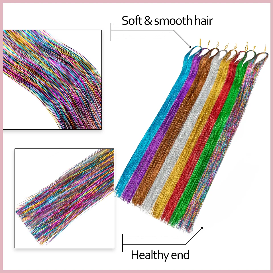 Snoilite Synthetic 120cm Sparkle Hair Tinsel Colored Strands Girl Headwear Hair Laser Hair Extensions Bling Glitter Strips