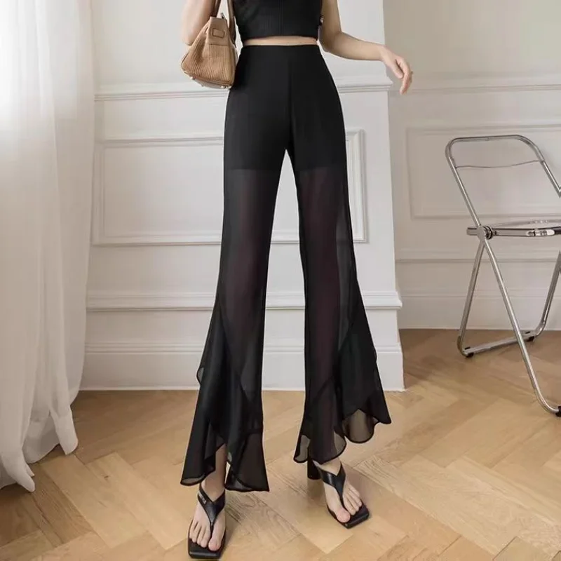 Silk Trousers for Woman Skinny Chiffon Flare Leggings Satin Women's Pants Slim Clothing High Waist Outfits Autumn New In Quality