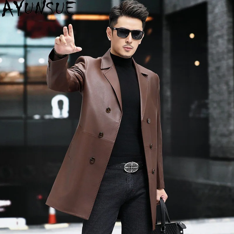 

AYUNSUE Top Layer Sheepskin Genuine Leather Jackets Men Spring Autumn Mens Clothes Mid-length Trench Coat Chic Jaqueta Couro