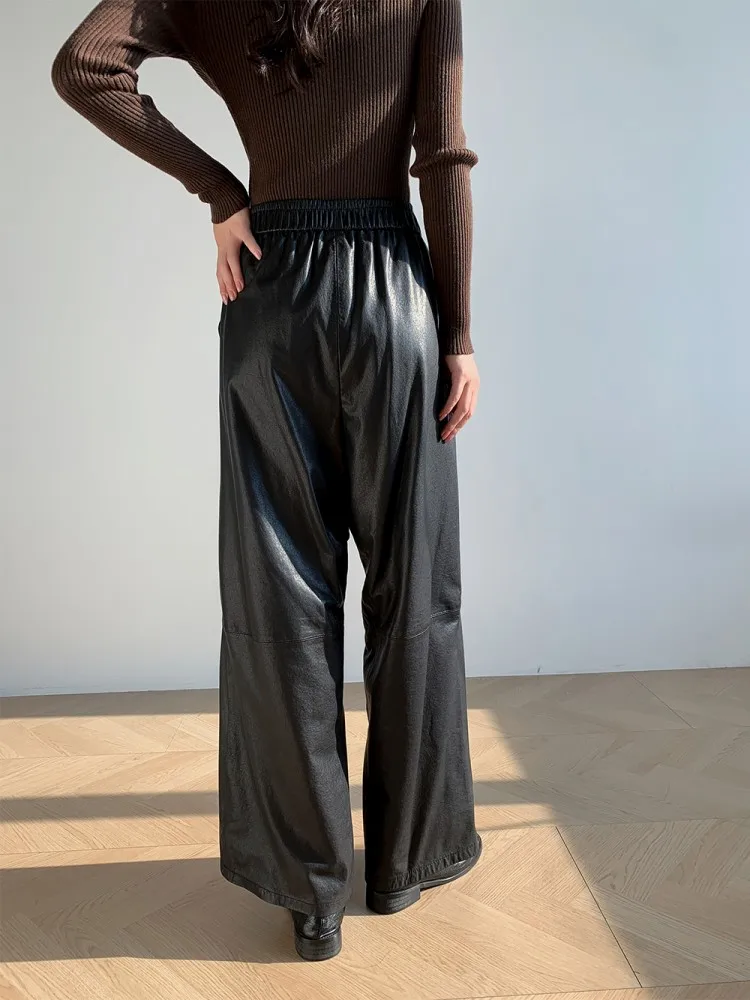 Office Ladies Elastic Waist Wide Legs Solid Color Genuine Leather Pants Loose High Waist Thin Top Quality Sheepskin Trouser