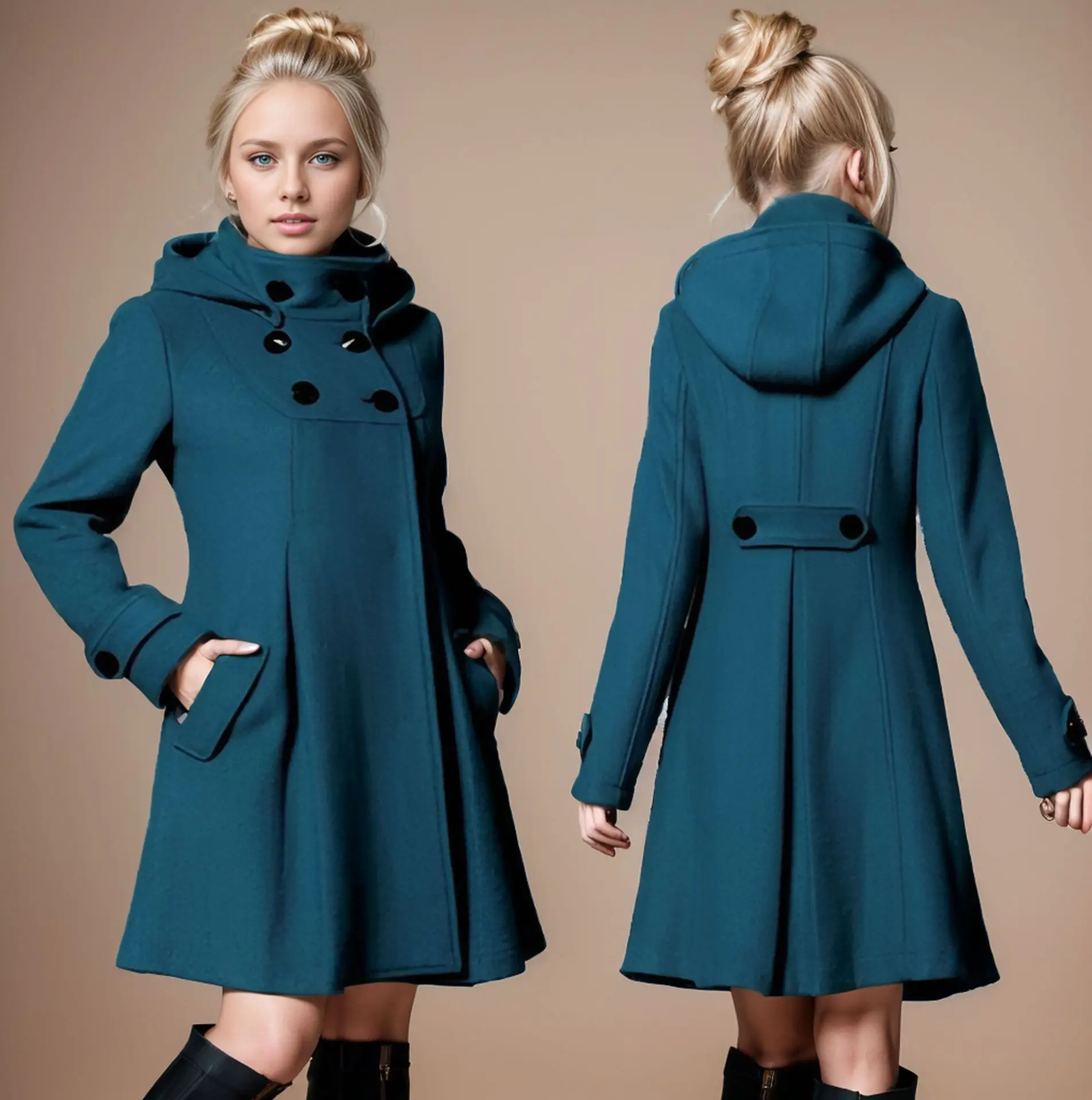 Long Sleeve Women's Woolen Coat with Hood and Double Breasted Buttons