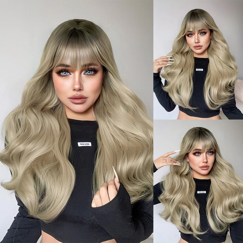 26Inch Flaxen Color Synthetic Wigs with Bangs Long Natural Wavy Hair Wig for Women Daily Use Cosplay Drag Queen Heat Resistant