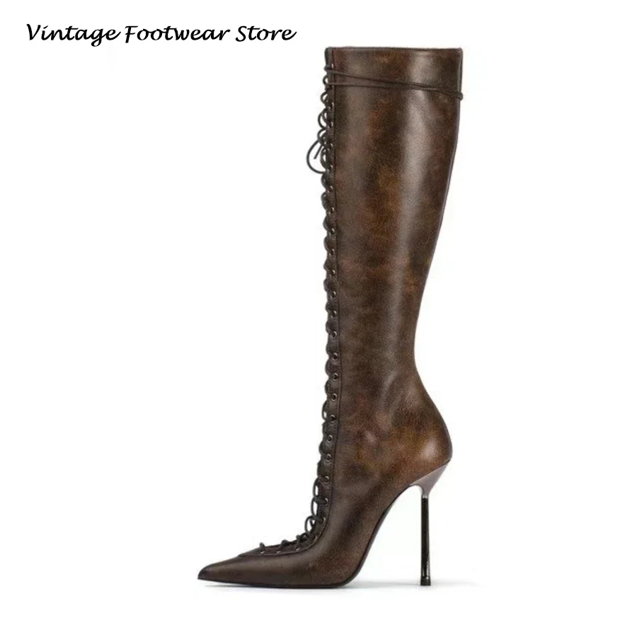 

Винтажные высокие сапоги до колена с острым носком и перекрестной шнуровкой