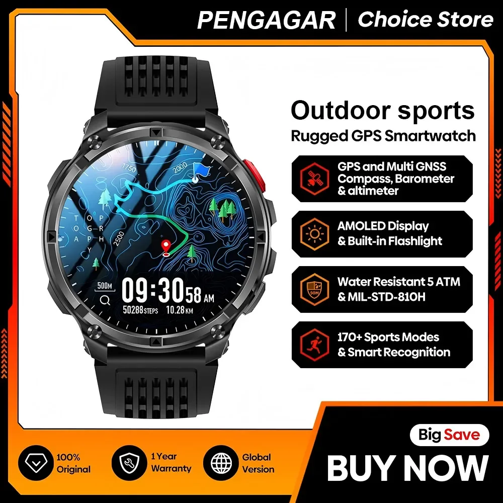 

New 2025 GPS 1100mAh Battery Smartwatch 1.7" AMOLED Screen Compass Barometric Altimeter Flashlight Voice Calling Smart Watch Men