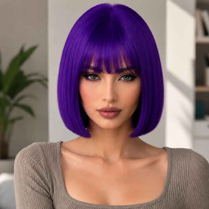 12-inch deep purple air bangs wig, fluffy and versatile, suitable for everyday cosplay.