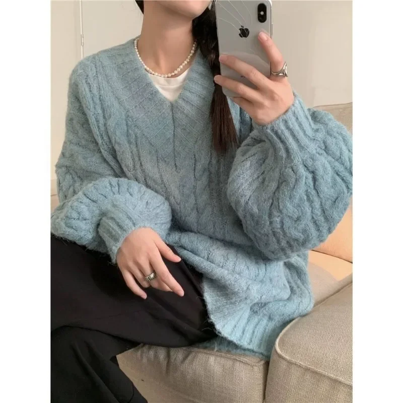 Winter Strick pullover Frauen koreanische Mode einfarbig übergroße Pullover weiblich lässig lose Langarm V-Ausschnitt y2k Kleidung