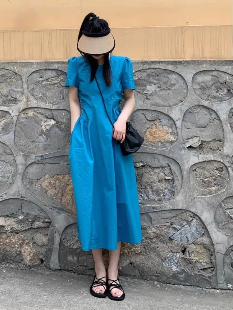 Blue Bubble Sve Dr Women's Mid-Length Summer New Sle High Waist Commute Korean Version Other Material 00%