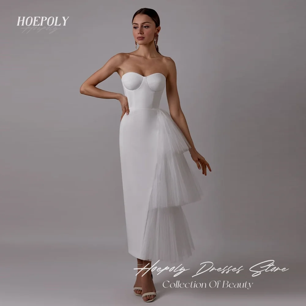 

Hoepoly Satin Strapless Simple Women Wedding Dresses Tiered Ankle Length Mermaid Boned Corest Bridal Dress New 2023