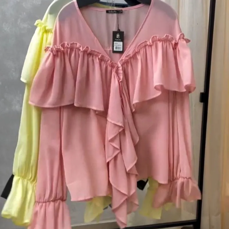 2025 frauen Sommer V-ausschnitt Sexy Durchsichtiges Hemd Strand Bluse Mode Rüschen Patchwork Weibliche Bluse Top