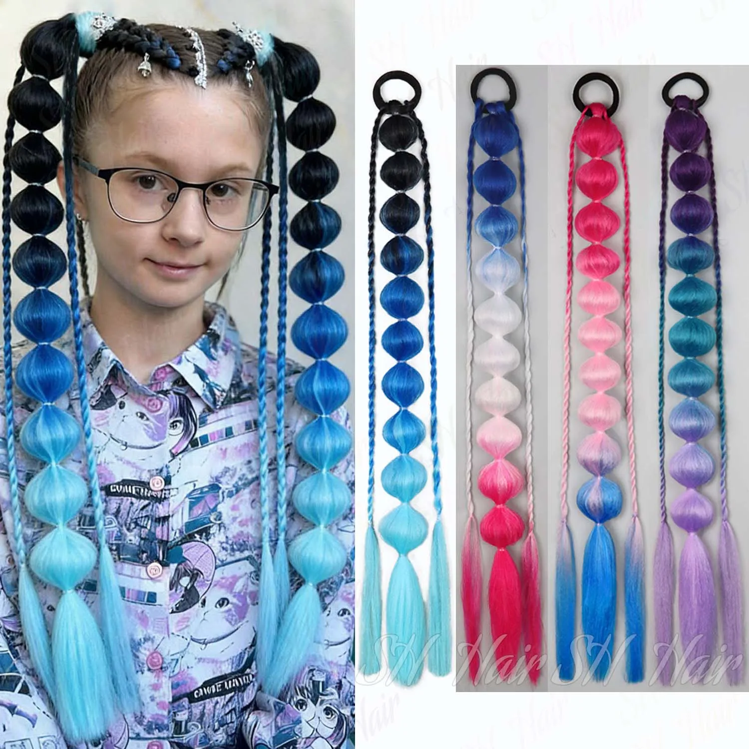 

Synthetic 2Pcs Colored Long Lantern Bubble Braid Ponytail Hair Extension Elastic Rubber Bands Hairpiece for Women Kids Children