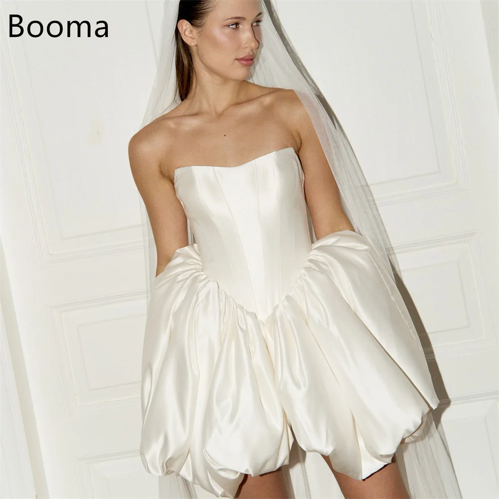 Booma a-line فساتين زفاف كلاسيكية صغيرة بسيطة بدون حمالات من الساتان بسيطة عاجية بدون أكمام فستان عرائس مصنوع حسب الطلب 2025 #1
