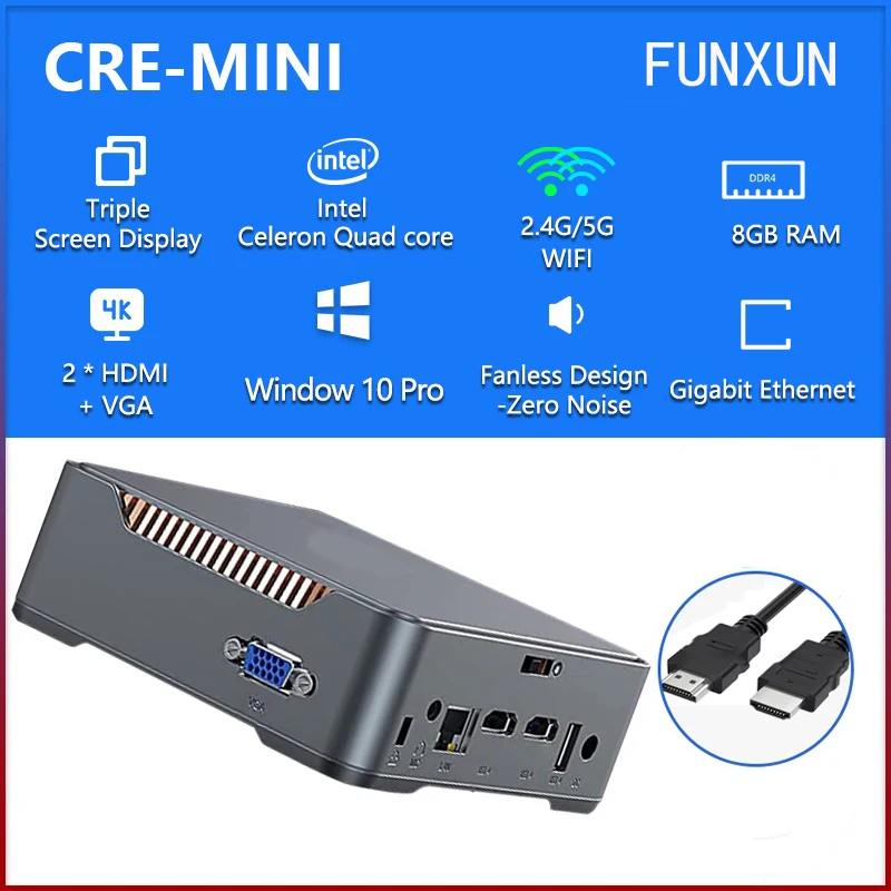 FUNXUN ويندوز 10 كمبيوتر مصغر 8GB RAM 128/256/512GB SSD إنتل سيليرون رباعية النواة HDMI واي فاي 2.4G/5G