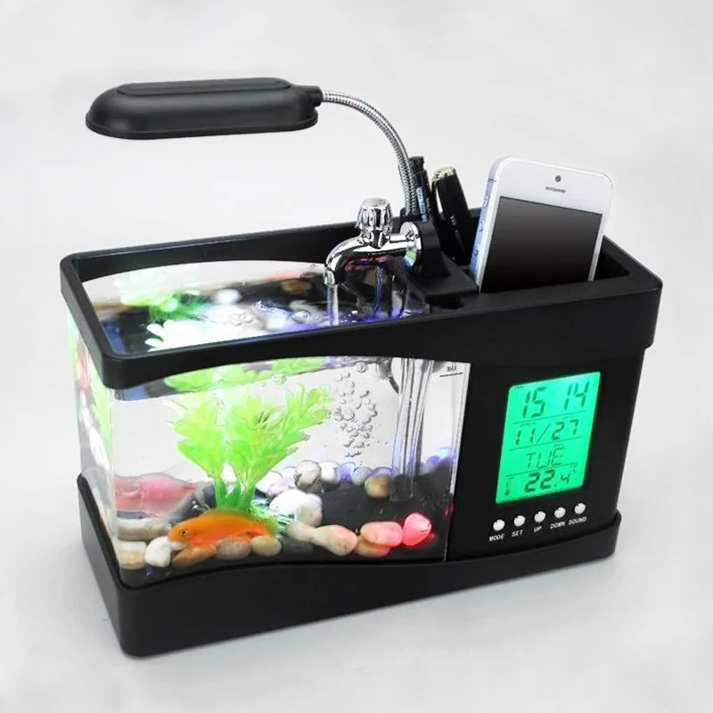 Small mini office desk aquarium box with water pump, pen holder, LED desk lamp, colorful light gift