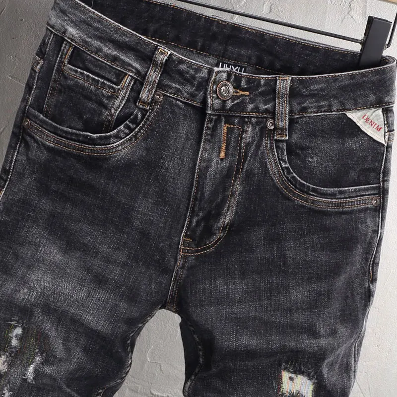 Newly Designer Fashion Men Jeans High Quality Retro Black Gray Stretch Slim Fit Ripped Jeans Men Vintage Casual Denim Pants