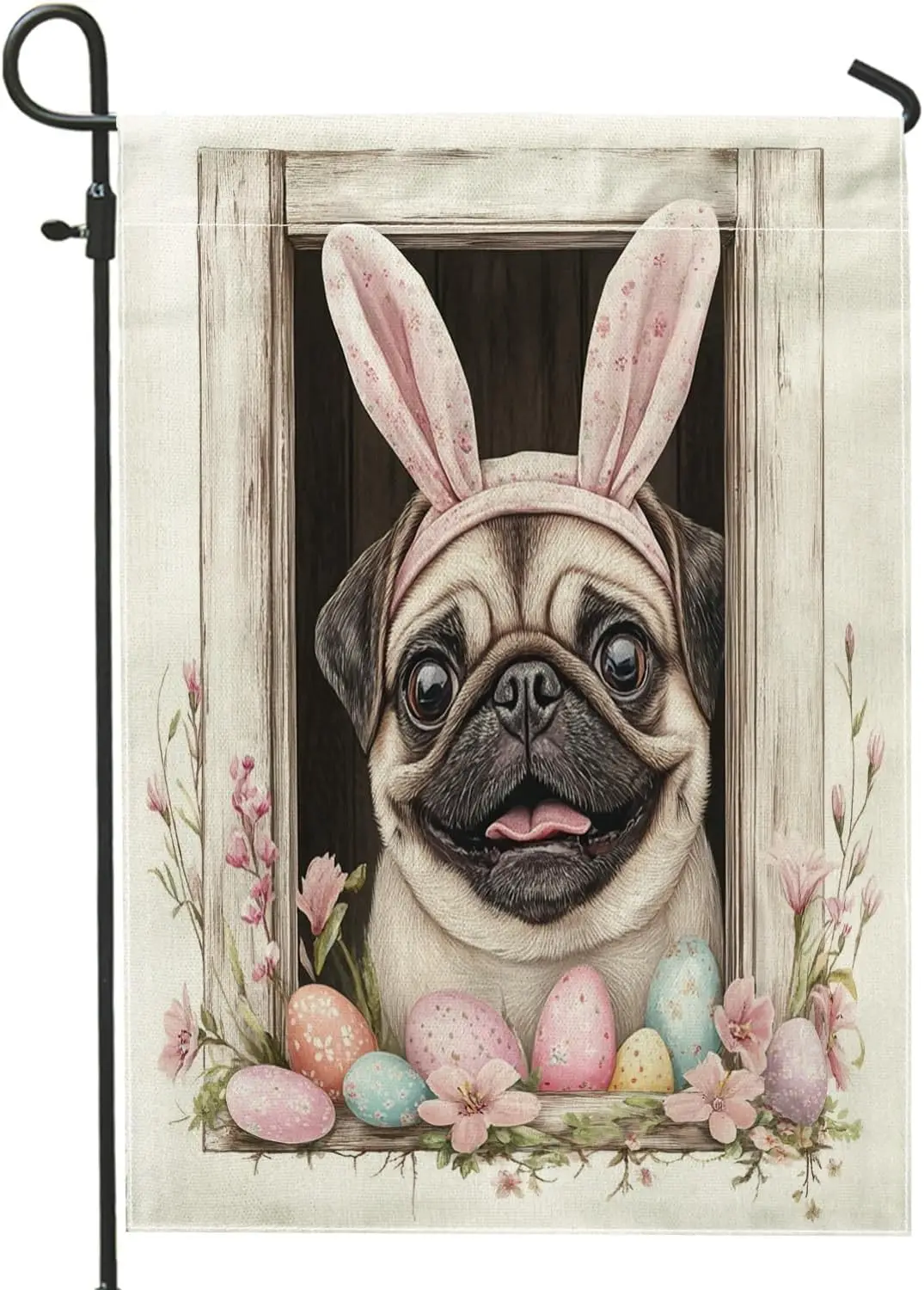 Spring Easter Pug Dog Garden Flags 12”x18” Double Sided for Outside, Funny Bunny Eggs Front Yard Small Canvas House Flags, P PPM
