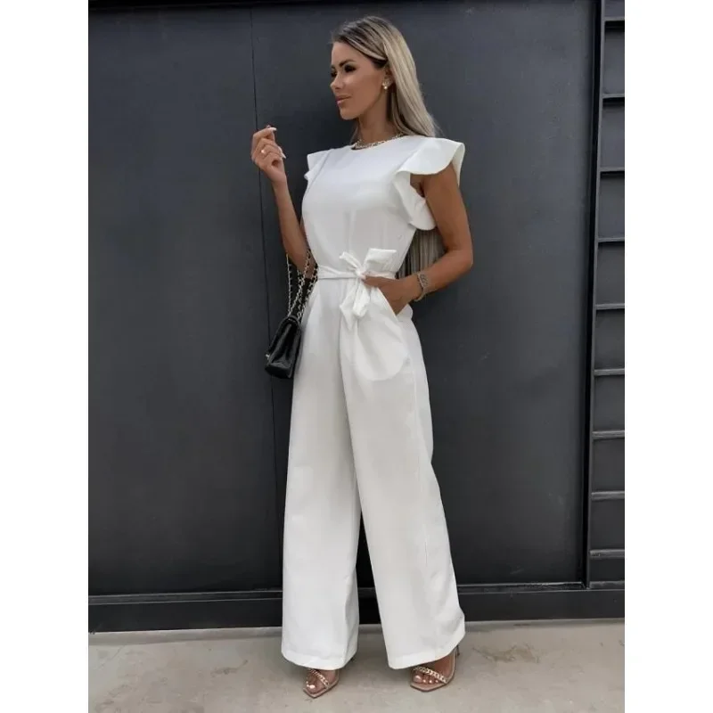 Women's Fashionable Autumn Commuting Jumpsuit Casual Sleeveless Jumpsuit Simple Round Neck Solid Color Belt Women's Jumpsuit