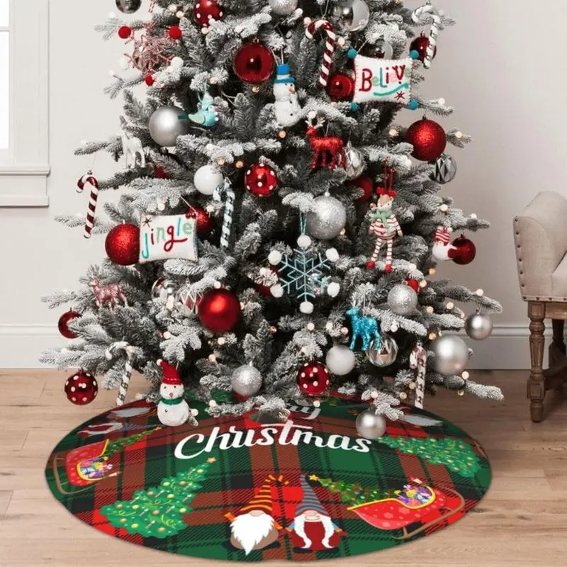 VIKAMA Gnome Tree Skirt Red Plaid Tomte Xmas Sleigh Gift Base Cover Soft Non Slip Holiday Mat Christmas Holiday Decor