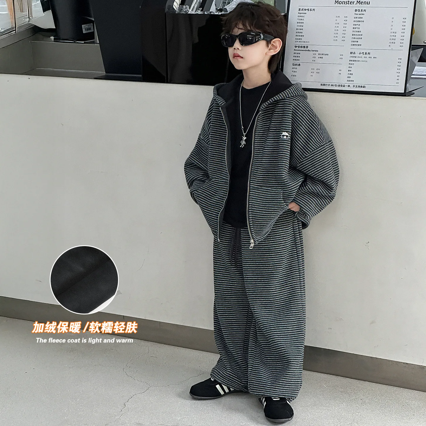 

Children Clothing Striped Fleece and Thickened Set 2025 Autumn Winter New Boys Fashion Korean Style Casual Hooded Two Piece Set