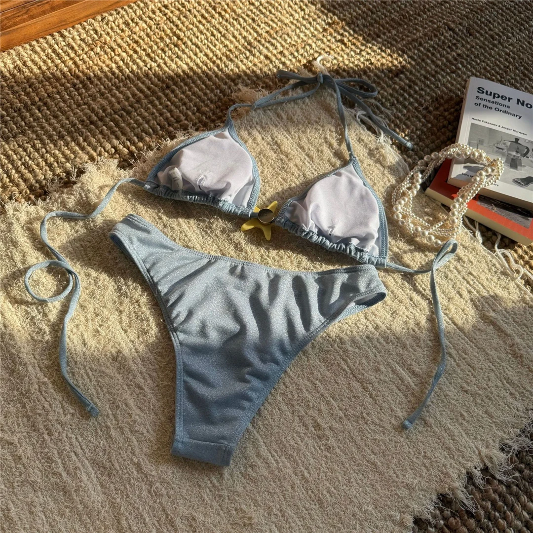 Glitzernder, funkelnder, halterneckiger brasilianischer Bikini, Damen-Badeanzug, zweiteiliger Bikini-Set, Badebekleidung, Badeanzug, Schwimmanzug V6350 – Detail 13