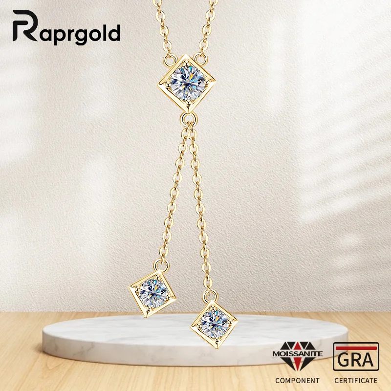 

RAPRGOLD Full Round Cut Moissanite Square Tassel Chains Pendant Necklaces for Women Real 925 Sterling Silver Fine Jewelry Gifts