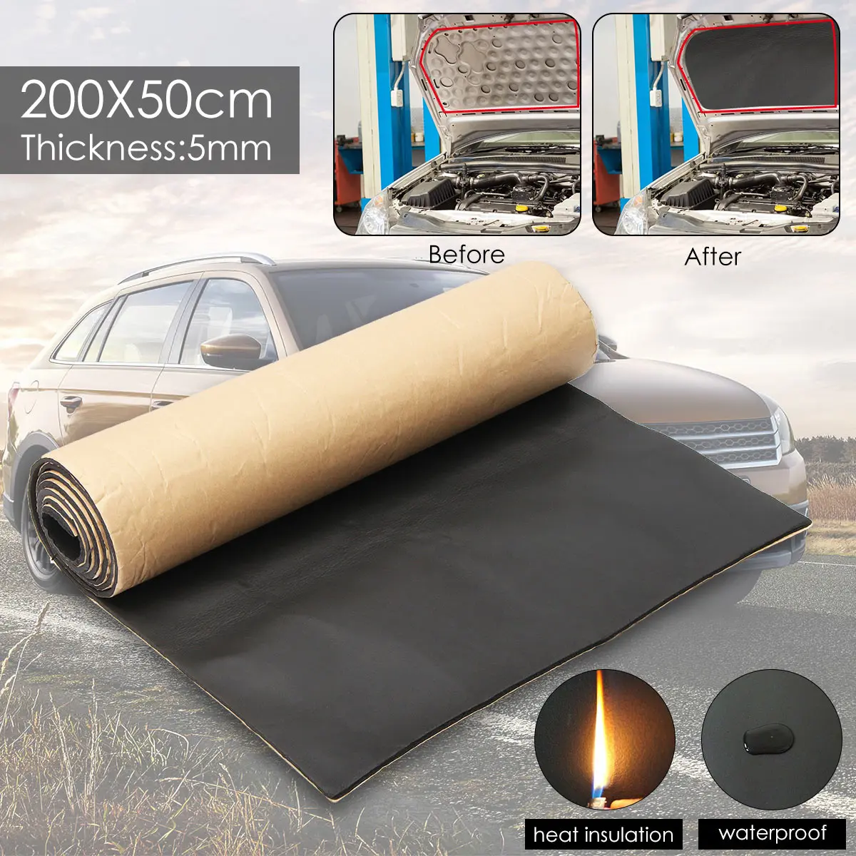 Car Sound Proofing Deadening Mat, Truck Sound Isolation Cotton, Calor, Espuma de Célula Fechada, Anti-Ruído, 5mm Espessura, 200x50cm