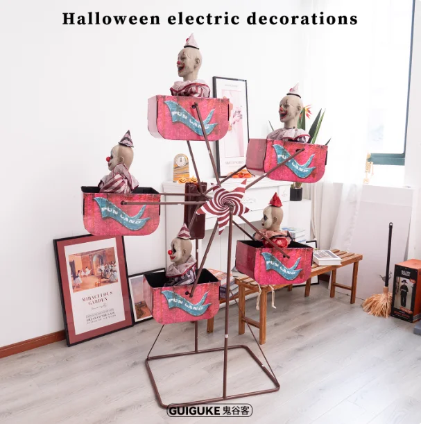 Halloween Ferris Wheel Clown Electric Mechanical Ornament Haunted House Escape Room Amusement Park Motion-Activated Large Decora