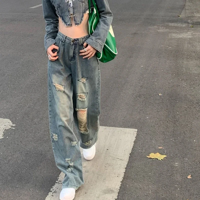 

Vintage Streetwear Blue High Waisted Ripped Baggy Jeans Y2k Wide Leg Slimming Loose Cargo Denim Pants Casual Trousers for Women