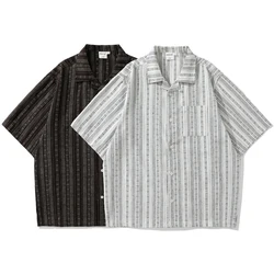 Japanse Retro Linnen Gestreepte Tooling Shirt Met Korte Mouwen Heren En Vrouwen Cityboy Silhouet Cubaanse Kraag Overhemd