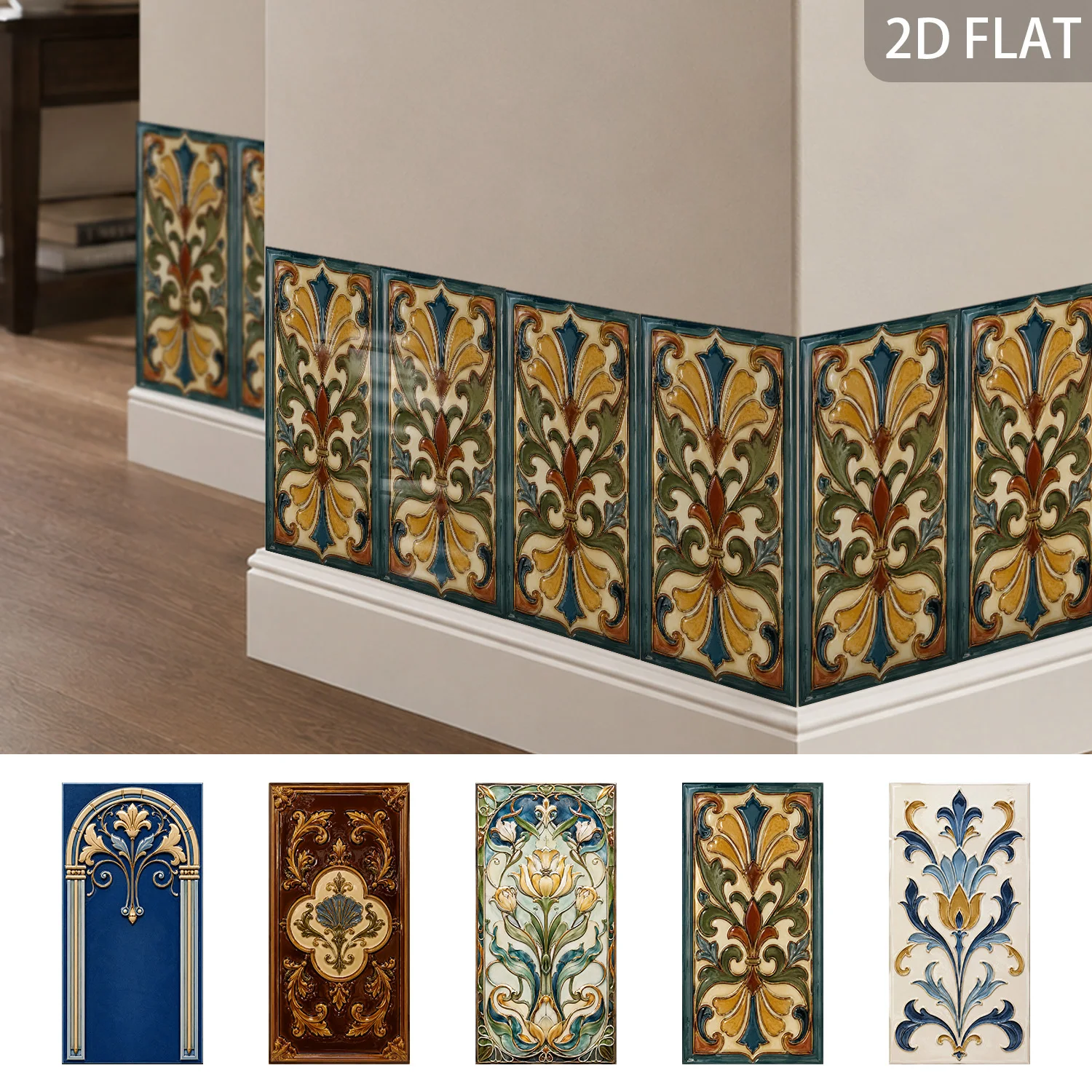 Vintage Floral Tile Stickers 5.5x11inch Self‑Adhesive Removable Wall Decal for Kitchen Backsplash Bathroom Home Renovation Decor