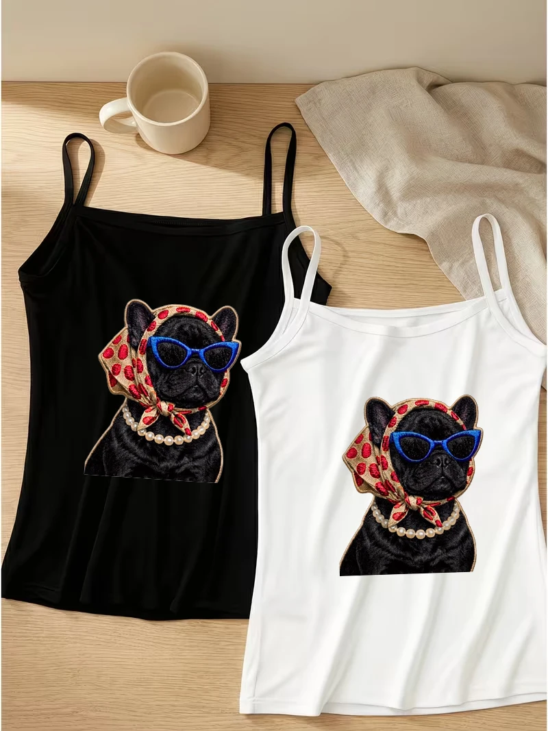 Retro Diva Frenchie Graphic Camisole Women Summer Black White Dog Print Tank Top Pearl Necklace Sleeveless Vest for Pet Lover C