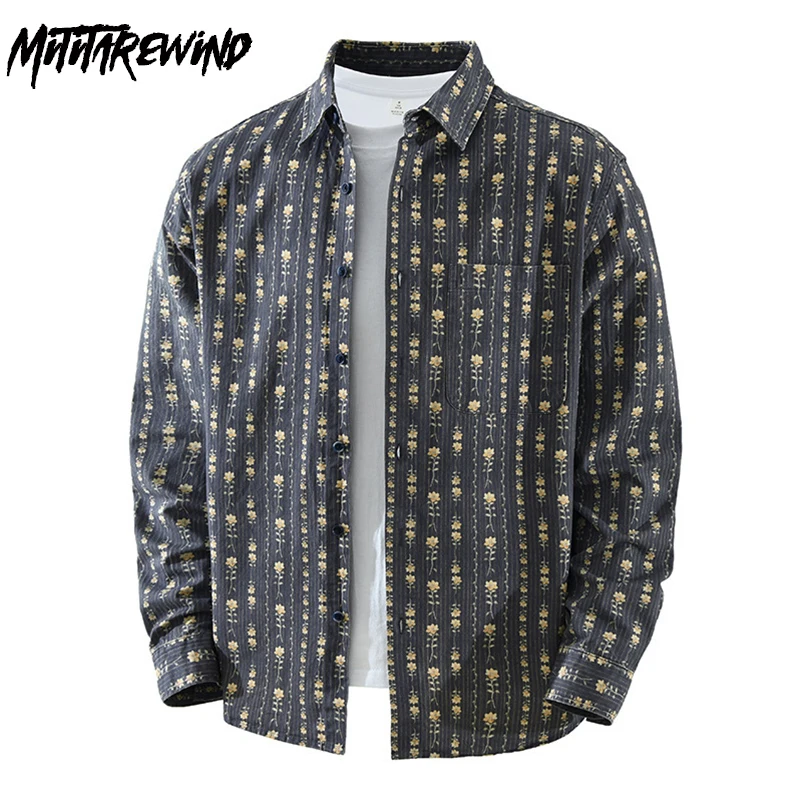 

High Street Print Flower Shirt Men Korean Style Long Sleeve Stripe Shirt Man Comfort Cotton Top Streetwear Fashion New in Shirts