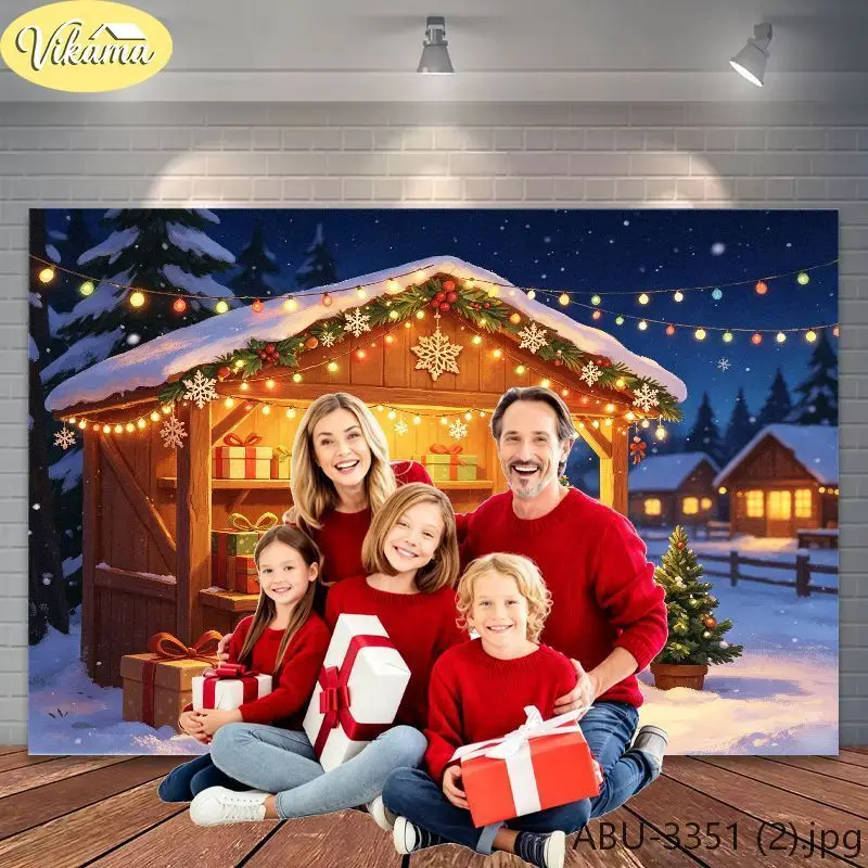 VIKAMA Photography Background Christmas Snowy Cabin Family Scene Photo Backdrop Family Party Birthday Festival Home Decor