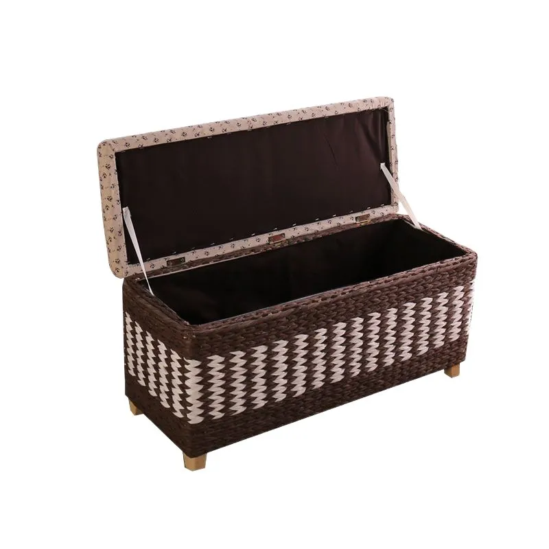 Rattan Storage Stool with Solid Wood Legs Entryway Shoe Bench Seat Hidden Storage Box for Living Room Bedroom